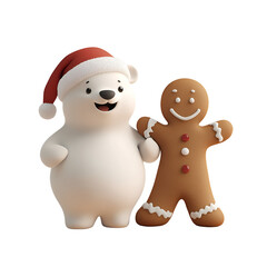 3D Render Christmas Character Cartoon: Polar Bear Wearing Santa Claus Hat and a Gingerbread Man, Isolated on Transparent Background, PNG