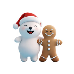 Cartoon 3D Render Illustration of a Christmas Character: Polar Bear Wearing Santa Claus Hat and a Gingerbread Man, Isolated on Transparent Background, PNG