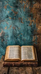 Fototapeta premium An open book with fanned pages lies on a wooden table under soft lighting