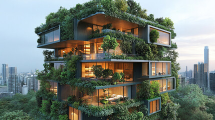 modern, eco-friendly glass office building surrounded by lush green trees symbolizes sustainability, innovation, and harmony between architecture and nature in urban environments
