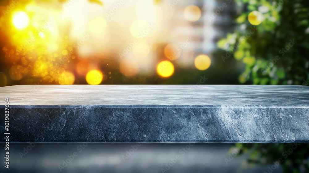 Poster a table with a view of a city and a tree