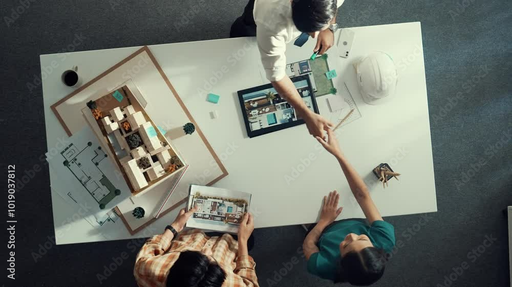 Poster top view of architect engineer working together and shaking hand cooperative team while making contr