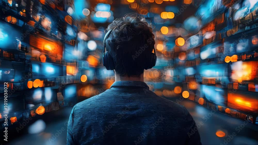 Poster businessman in a room with multiple screens displaying cityscapes, representing technology, surveill