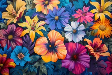 A colorful mural of a flower garden with a blue sky background, generative ai image