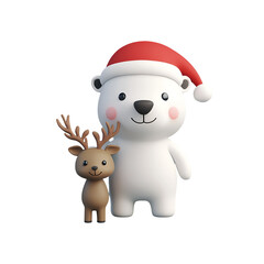 Fototapeta premium Santa Claus Hat on a Reindeer and Happy Polar Bear, Christmas Character 3D Render Cartoon Illustration, Isolated on Transparent Background, PNG