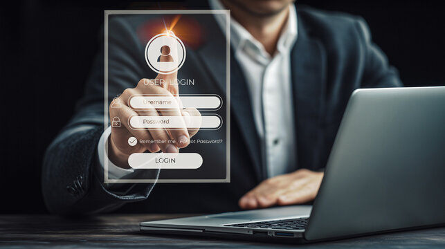 Business professional enhancing cybersecurity measures; digital interface with a secure login system and authentication protocols. - Powered by Adobe