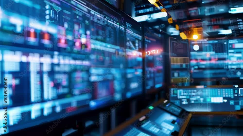 Poster multiple screens showing data and production process information are glowing in a dark control room,