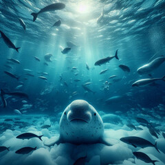 Fototapeta premium Underwater arctic seal beneath the ice background wallpaper