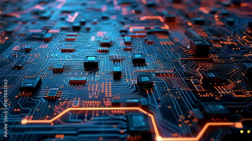 Poster complex circuitry is shown glowing on a computer motherboard, representing innovation in technology.