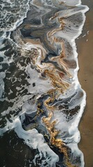 Obraz premium City beach impacted by an oil spill with waves rolling in during daylight hours