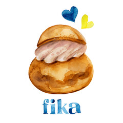 Swedish fika pastry watercolor illustration. Creamy semla hand painted with hearts