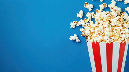 Box of Popcorn with Spilled Kernels on a Blue Background and Copy Space. National Popcorn Day.