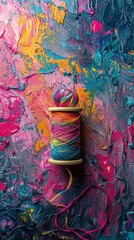 Fototapeta premium Vibrant yarn spool placed on a colorful abstract painting creating a stunning visual contrast