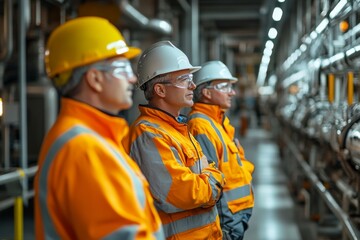 Group of workers in orange safety jackets and helmets inspecting machinery at a manufacturing facility, focused on maintenance.