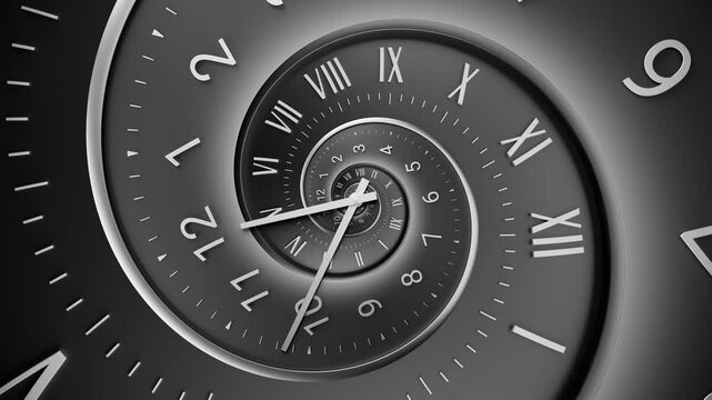 Abstract modern black spiral clock dial with arabic numerals. Concept of Infinite time, deadline, scheduling, time and space, past, present and future. - Powered by Adobe