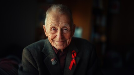 Obraz premium A close-up portrait of an elderly man with a red AIDS ribbon pinned to his suit, smiling warmly towards the camera