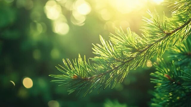 Green pine branch bathed in warm sunlight, with blurred natural greenery in the background.