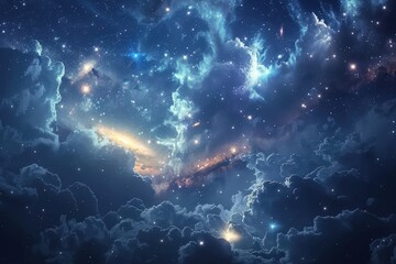 Obraz premium A blue sky with a lot of stars and a large cloud, generative ai image