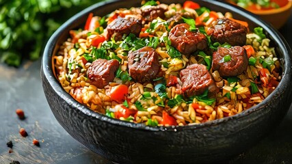 A traditional Saudi Arabian dish of beef kabsa served with flavorful rice, garnished with herbs and cherry tomatoes in a rustic clay bowl
