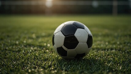 Fototapeta premium Close-up cinematic and bokeh shot of soccer ball on green soccer field