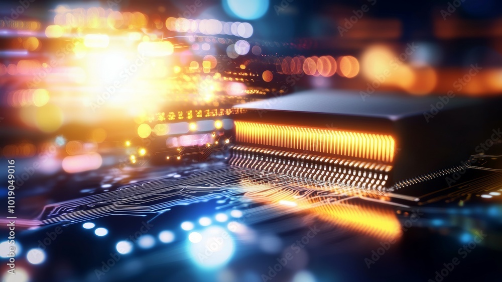 Poster abstract close-up of a glowing microchip surrounded by colorful lights on a circuit board at night