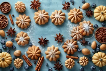 Fototapeta premium Charming vintage still life of colorful gingerbread cookies and ingredients arranged in a circle