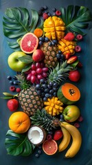 A vibrant display of tropical fruits arranged on a blue surface with coconut and greenery