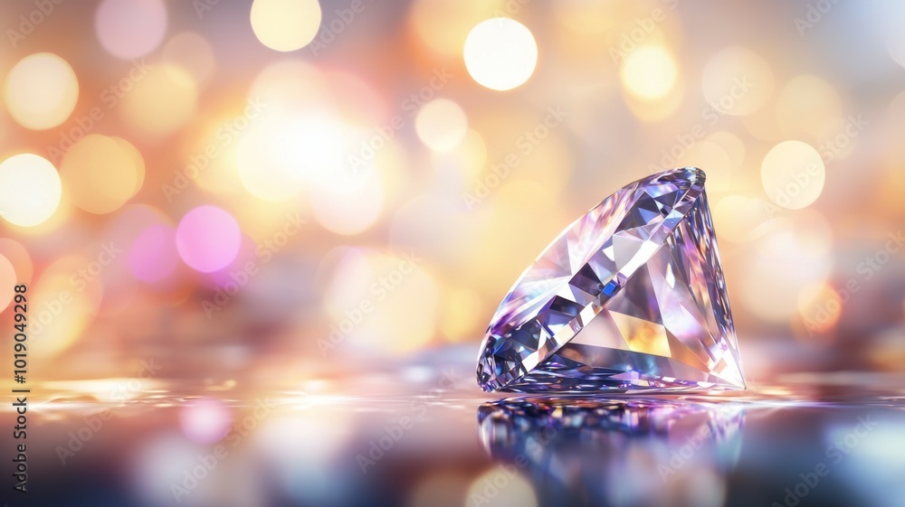 Poster sparkling diamond reflects colorful light against a soft bokeh background at an elegant indoor setti