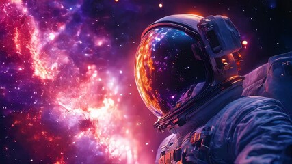 A stunning close-up of an astronaut floating in space, with a reflective helmet displaying a vibrant galaxy filled with colorful stars and cosmic light