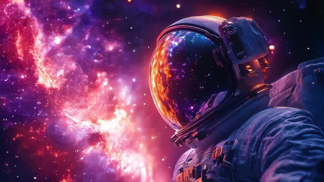 A stunning close-up of an astronaut floating in space, with a reflective helmet displaying a vibrant galaxy filled with colorful stars and cosmic light
