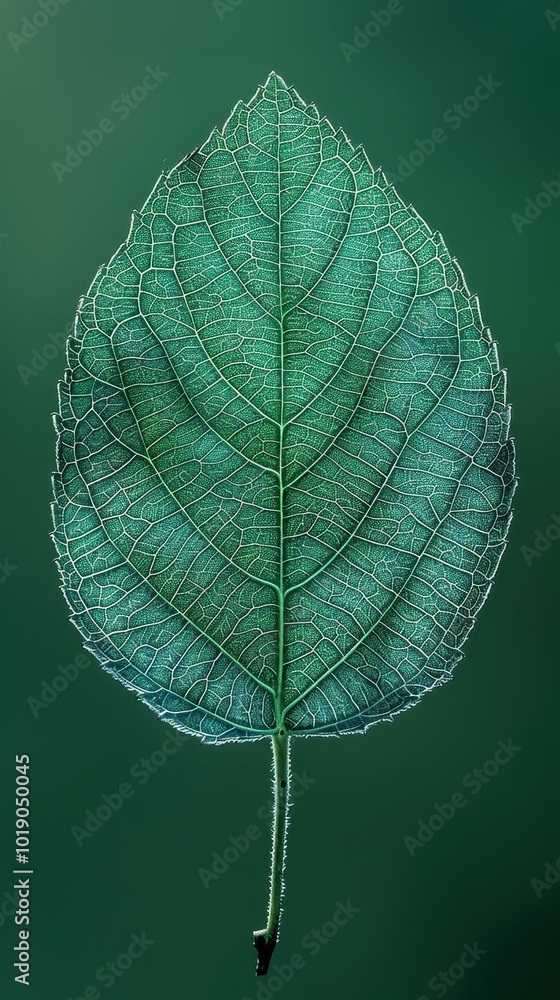 Poster a close-up of a vibrant green leaf highlighting intricate textures and patterns with visible veins