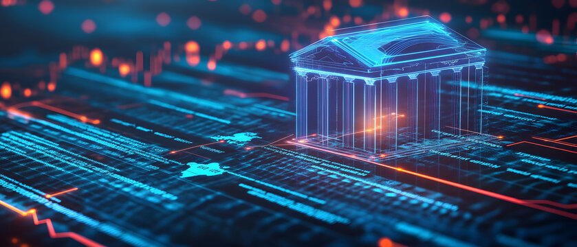 Creative wide online banking hologram on dark background design. Technology, fintech, and finance concept design. 3D Rendering design