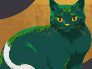 Whimsical Green Cat Portrait with Elegant Gold Accents, Modern Art Style for Creative Decor, Unique...