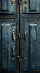Industrial design close-up of metal doors and handles showcasing symmetry and texture