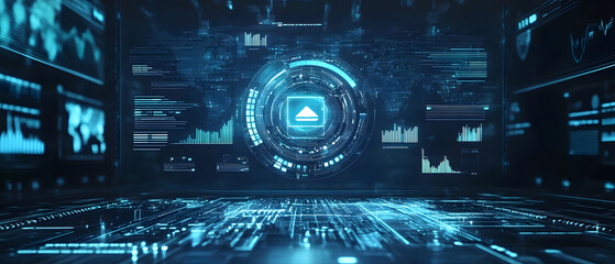 Obraz premium Creative wide online banking hologram on dark background design. Technology, fintech, and finance concept design. 3D Rendering design