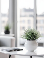Photography with a minimalist interior with a table, sofa and greenery creating a tranquil atmosphere