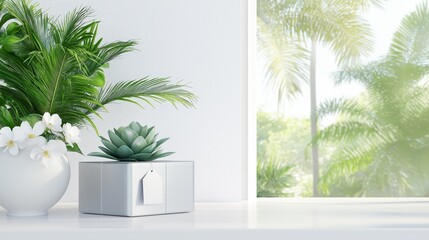 Fototapeta premium Modern minimalist workspace with green plants and natural light for a fresh ambiance