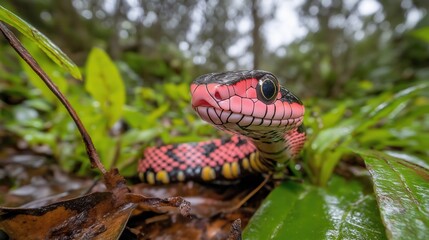 Obraz premium Vibrant coral snake among leafy foliage in natural habitat