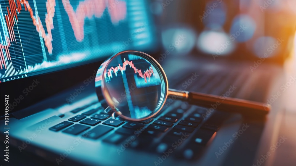 Aufkleber analyzing financial data trends on a laptop using a magnifying glass in a modern workspace