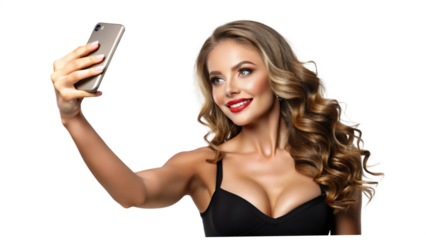 "Beautiful Woman in Black Camisole Capturing Selfie: Transparent Background Image"