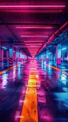 Fototapeta premium Futuristic underground parking garage with neon lights illuminating a pedestrian crossing
