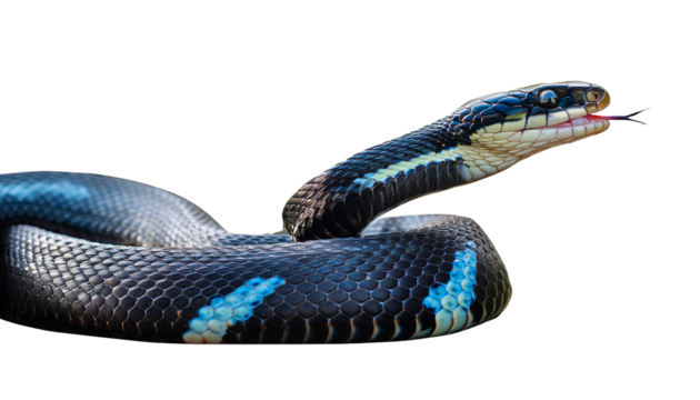 Dangerous serious venomous black and blue on strip snake , symbol of Internazionale FC, Inter, opened mouth, isolated on transparent background