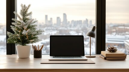 Fototapeta premium Cozy Winter Workspace: Laptop Mockup with Christmas Tree