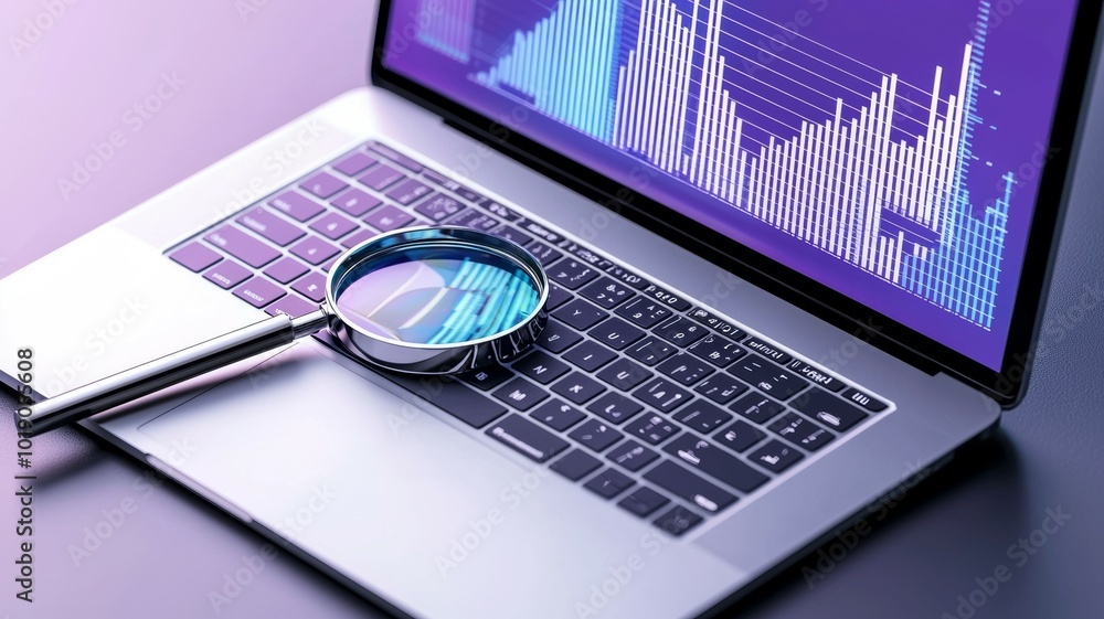 Aufkleber analyzing data trends with a magnifying glass on a laptop during a digital workspace session