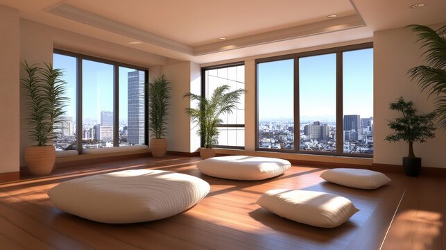 Zen Den: A modern, minimalist living room with a serene zen vibe. The space is filled with natural light streaming through large windows overlooking a bustling city skyline.