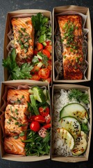 Nutritious meal boxes with fish, veggies, and rice arranged for healthy dining options