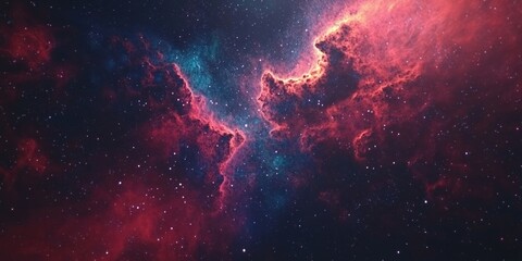 Naklejka premium A vibrant nebula with swirling clouds of red and blue gas against a background of twinkling stars.