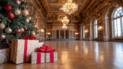 Obraz premium Elegant historical mansion adorned for christmas celebrations with decorated tree and gifts in opulent hall