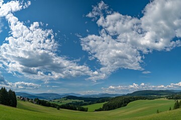 Fototapeta premium Picturesque Countryside Landscape with Mountains, Forests, and Dramatic Clouds Background