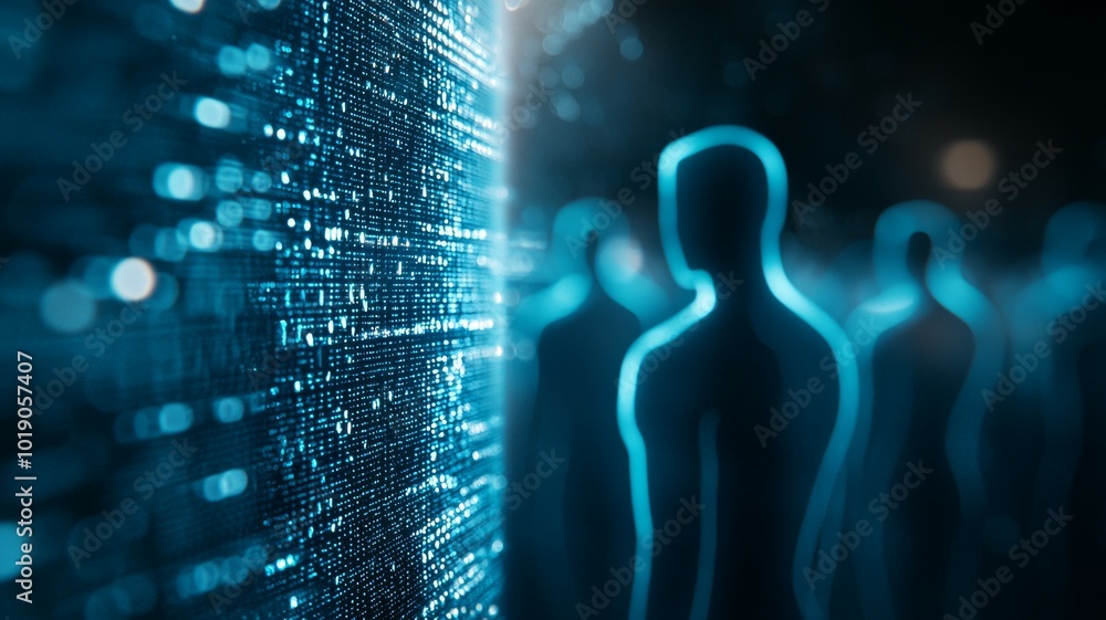 Poster figures silhouetted against a digital backdrop showcasing data streams in a futuristic setting